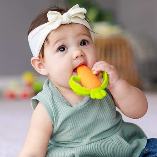 Infantino Lil' Nibbles Textured Silicone Baby Teether - Sensory Exploration and Teething Relief with Easy to Hold Handles, Orange Carrot, 0+ Months