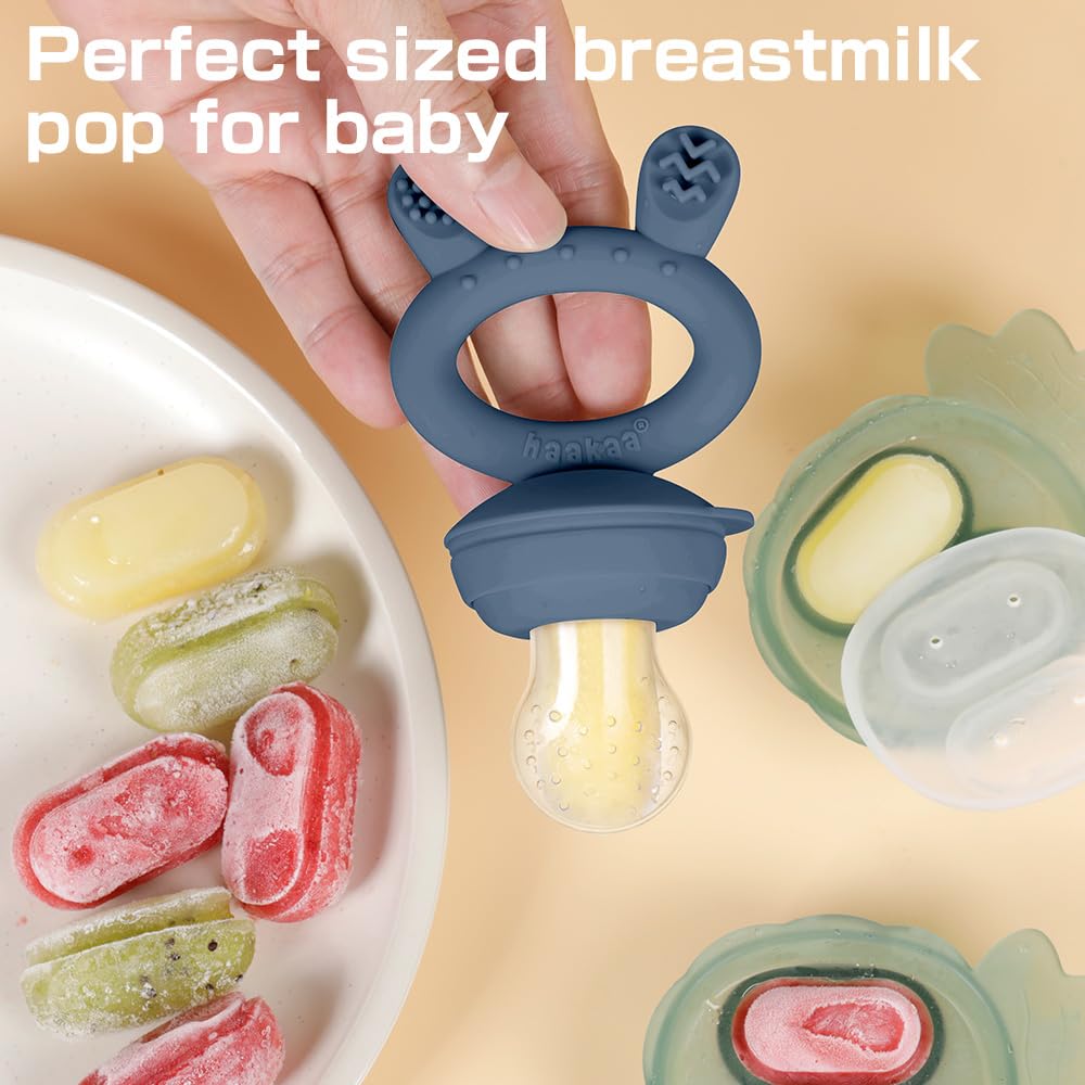Haakaa Baby Fresh Fruit Food Feeder|Breastmilk Popsicle Mold for Baby Cooling Relief|Silicone Feeder with Pouch Cover for Milk Freezing,BPA Free Baby Feeder for Infant Safely Self Feeding (Steel Blue)