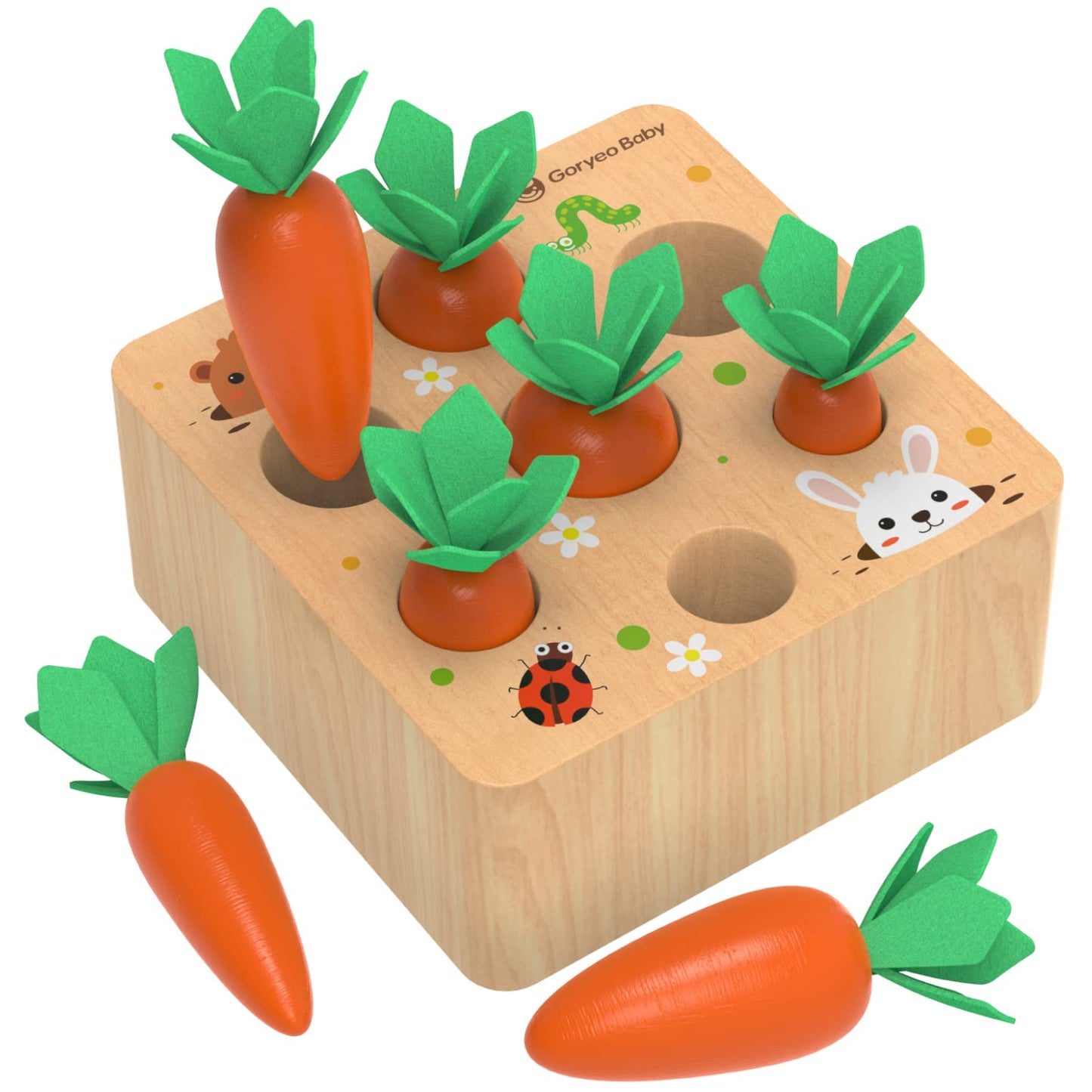 KMTJT Montessori Toys for 1 2 3 Year Old Toddlers, Macron Carrot Harvest Game Wooden Toys for Baby Boys and Girls, Educational Learning Shape Sorting Matching Gifts for Babies 1-3