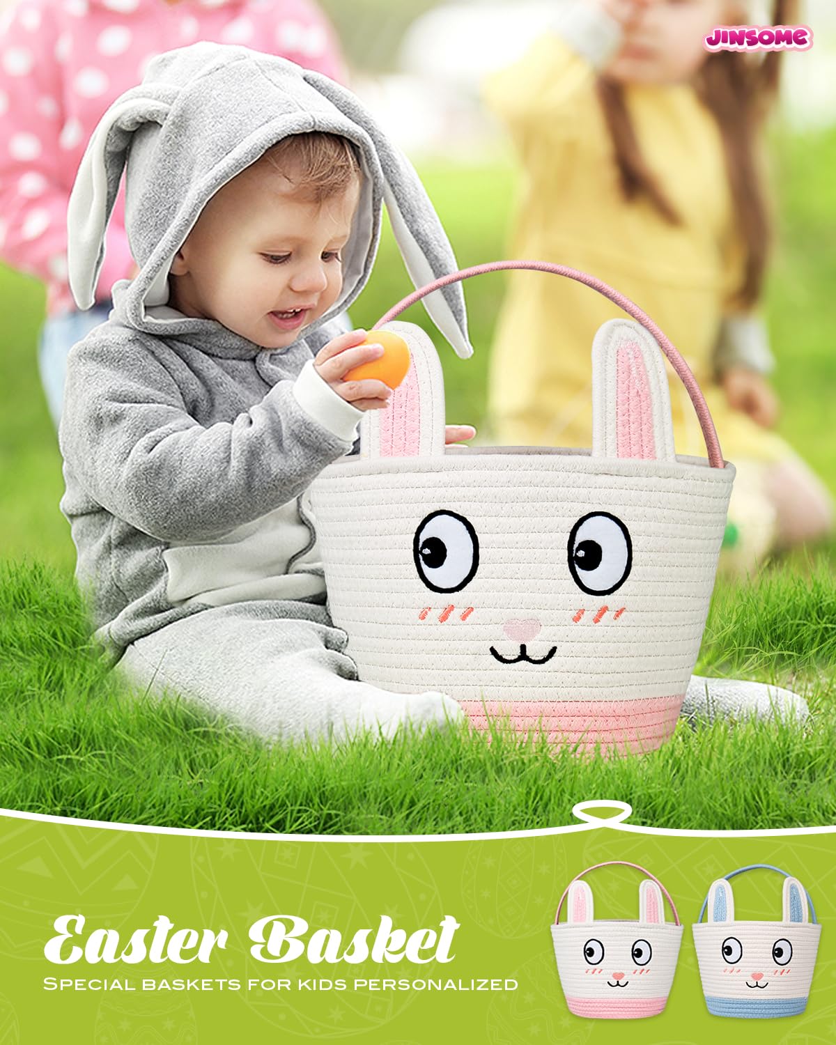 Easter Basket for Kids - Cute Pink Bunny Woven Bag for Girls, Personalized Large Easter Baskets, Durable Egg Hunt Storage for Boys Toddler & Baby, Includes Raffia & Neutral Pen & Name Velcro