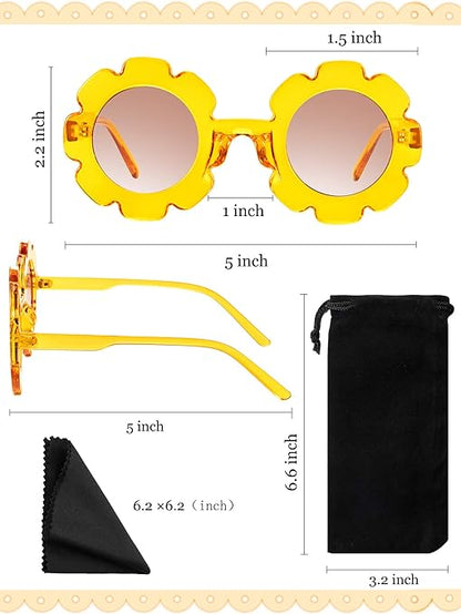 4 Pairs Kids Flower Shaped Sunglasses Round with 4 Pack Glasses Cloth 4 Pack Flannel Bag for Toddler Baby Girls Boys Party Favor