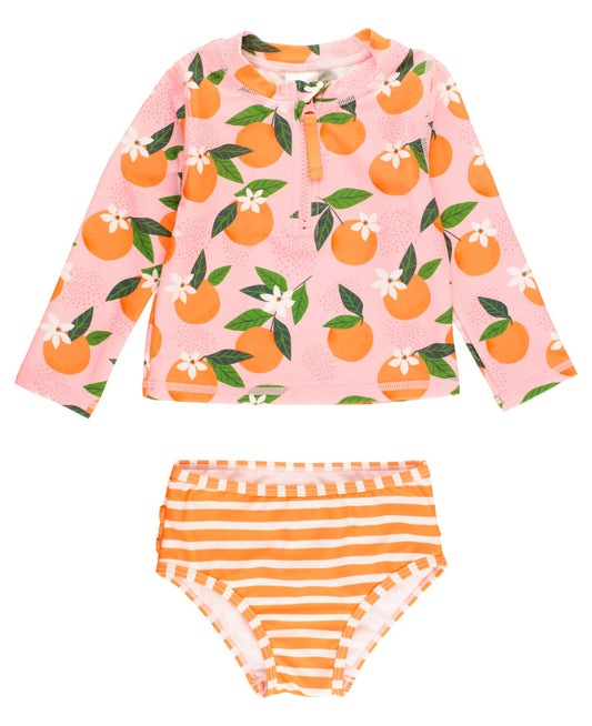 RuffleButts® Baby/Toddler Girls Long Sleeve Rash Guard 2 Piece Swimsuit Set w/UPF 50+ Sun Protection with Zipper