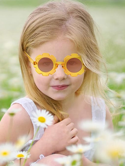 4 Pairs Kids Flower Shaped Sunglasses Round with 4 Pack Glasses Cloth 4 Pack Flannel Bag for Toddler Baby Girls Boys Party Favor