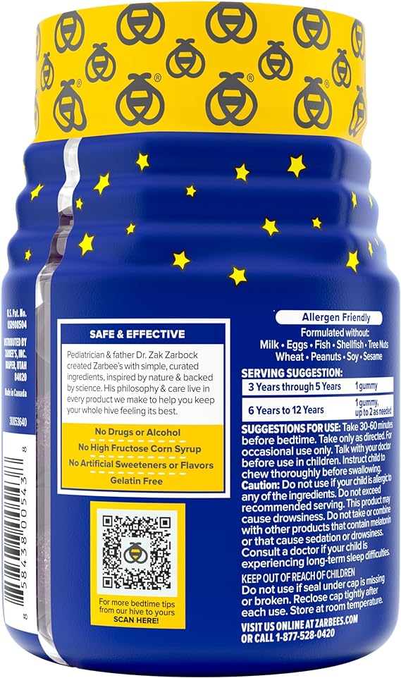 Zarbee's Kids 1mg Melatonin Gummy; Drug-Free & Effective Sleep Supplement for Children Ages 3 and Up; Natural Berry Flavored Gummies; 50 Count