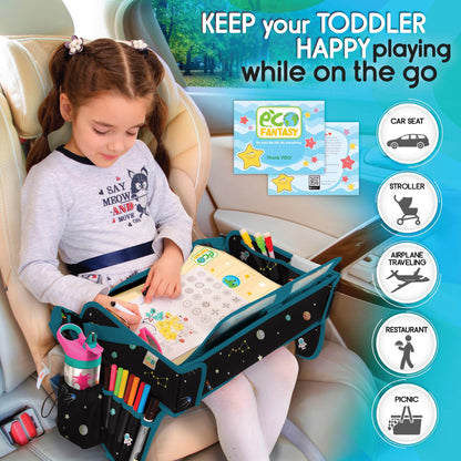 Car Seat Tray for Toddler - Waterproof Carseat Table Top - Kids Travel Tray - Travel and Road Trip Essentials Kids - Lap Desk with Storage -Baby Airplane Travel Accessories (Black)
