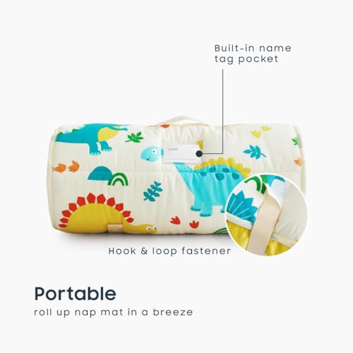 Wake In Cloud - Toddler Nap Mat with Pillow and Blanket, 100% Cotton Fabric, for Kids Boys Girls in Daycare Kindergarten Preschool, Cute Dinosaur Cartoon on Navy