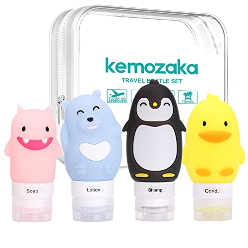 kemozaka Cute Silicone Travel Size Bottles Set for Toiletries, BPA Free, Leak Proof Squeezable Travel Containers With Built-in Labels, TSA Approved Refillable Travel Essentials Accessories (4pcs)