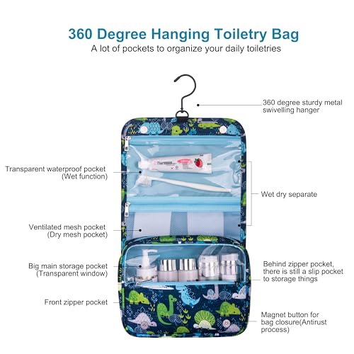 Hanging Travel Toiletry Kit Bag for Men and Boys, Waterproof Travel Organizer, Cute Dinosaur Snake Cartoon Cosmetic Weekender Bag with 360 Rotatable Hook (Blue)