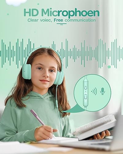awatrue Kids Headphones for School Toddler Wired with Microphone Plug in Bulk Boys Headset Girls 3+ Year Old Green