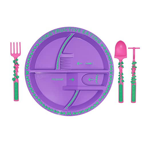 Constructive Eating Plate and Utensils Set Garden Fairy - Made in USA - Toddler Dinnerware, Kids Dinnerware and Utensils Set for Ages 1-3, Toddler Utensils 2 and 3 Year Old, Divided Toddler Plates