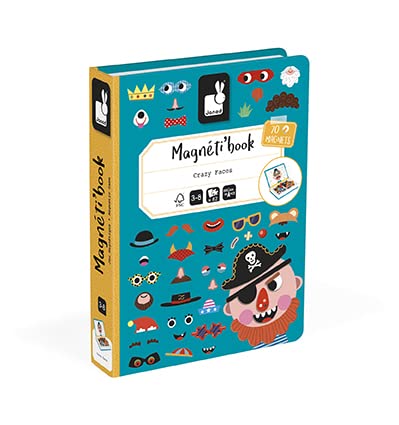 Janod Magnetibook 83 Pc Magnetic Boy Crazy Face Dress Up Game for Imagination Play - Book Shaped Travel/Storage Case Included - S.T.E.M. Toy for Ages 3+