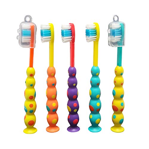 Stesa Manual Kids Toothbrush - 5 Pack - Soft Bristles, BPA Free, Suction Cup for Fun Storage, Dust Covers Included - Boys and Girls Toddler Toothbrush - Age 3+, Yellow