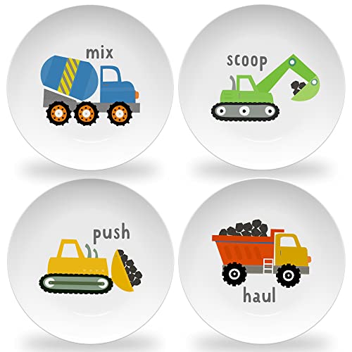 Tiny Expressions – Construction Truck Plates for Kids with Colorful Vehicles | Set of 4 Melamine Dishes for Children