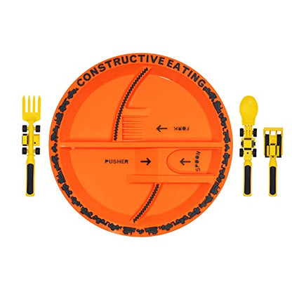 Constructive Eating Plate and Utensils Set Construction - Made in USA - Toddler Dinnerware, Kids Dinnerware and Utensils Set for Ages 1-3, Toddler Utensils 2 and 3 Year Old, Divided Toddler Plates