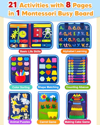 Exorany Busy Board Montessori Toys for 1 2 3 4 Year Old Boys & Girls Birthday Gifts, Sensory Toys for Toddlers 1-3, Autism Educational Travel Toys, Preschool Activities for Learning Fine Motor Skills