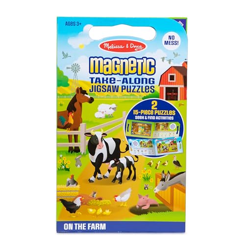 Melissa & Doug Take-Along Magnetic Jigsaw Puzzles Travel Toy On the Farm (2 15-Piece Puzzles) - Portable Puzzle Board, Seek And Find Activities, Travel Toys For Toddlers And Kids Ages 3+