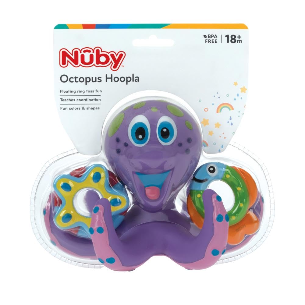 Nuby Floating Octopus Toy with 3 Hoopla Rings - BPA Free Baby Bath Toy for Boys and Girls - 18+ Months - Purple
