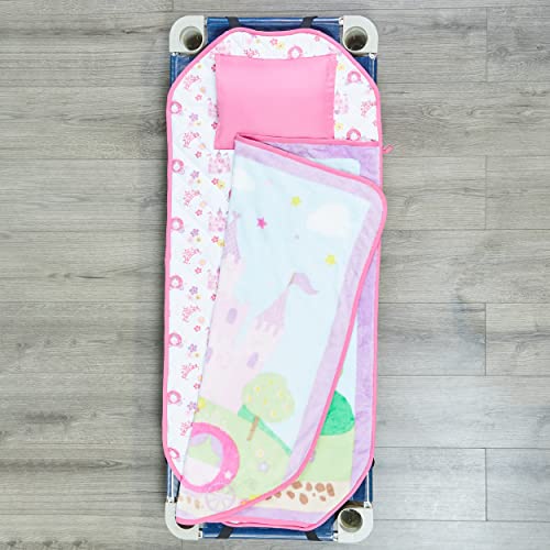 EVERYDAY KIDS Toddler Nap Mat with Removable Pillow -Princess Storyland- Carry Handle with Fastening Straps Closure, Rollup Design, Soft Microfiber for Preschool, Daycare, Sleeping Bag -Ages 2-6 years