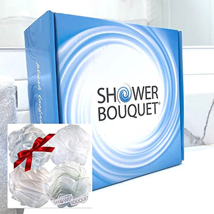 Loofah Soft-White-Cloud Bath-Sponge XL-75g-Set by Shower Bouquet: 4 Pack, Extra Large Mesh Pouf for Men and Women - Exfoliate with Big Gentle Cleanse Scrubber in Beauty Bathing Accessories