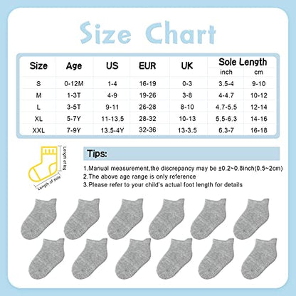 HYzgb Baby Socks 12-24 Months 12 Pairs Toddler Socks Boys Girls 1T 2T 3T Cotton Ankle Socks with Non Skid Grips for Unisex Birthday Gift for Toddler Baby 1-2-3 Years Old Black/White/Grey