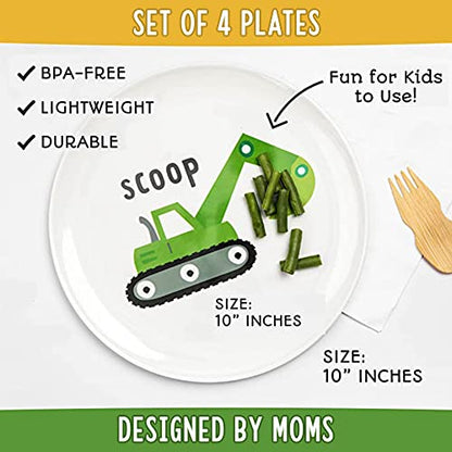 Tiny Expressions – Construction Truck Plates for Kids with Colorful Vehicles | Set of 4 Melamine Dishes for Children
