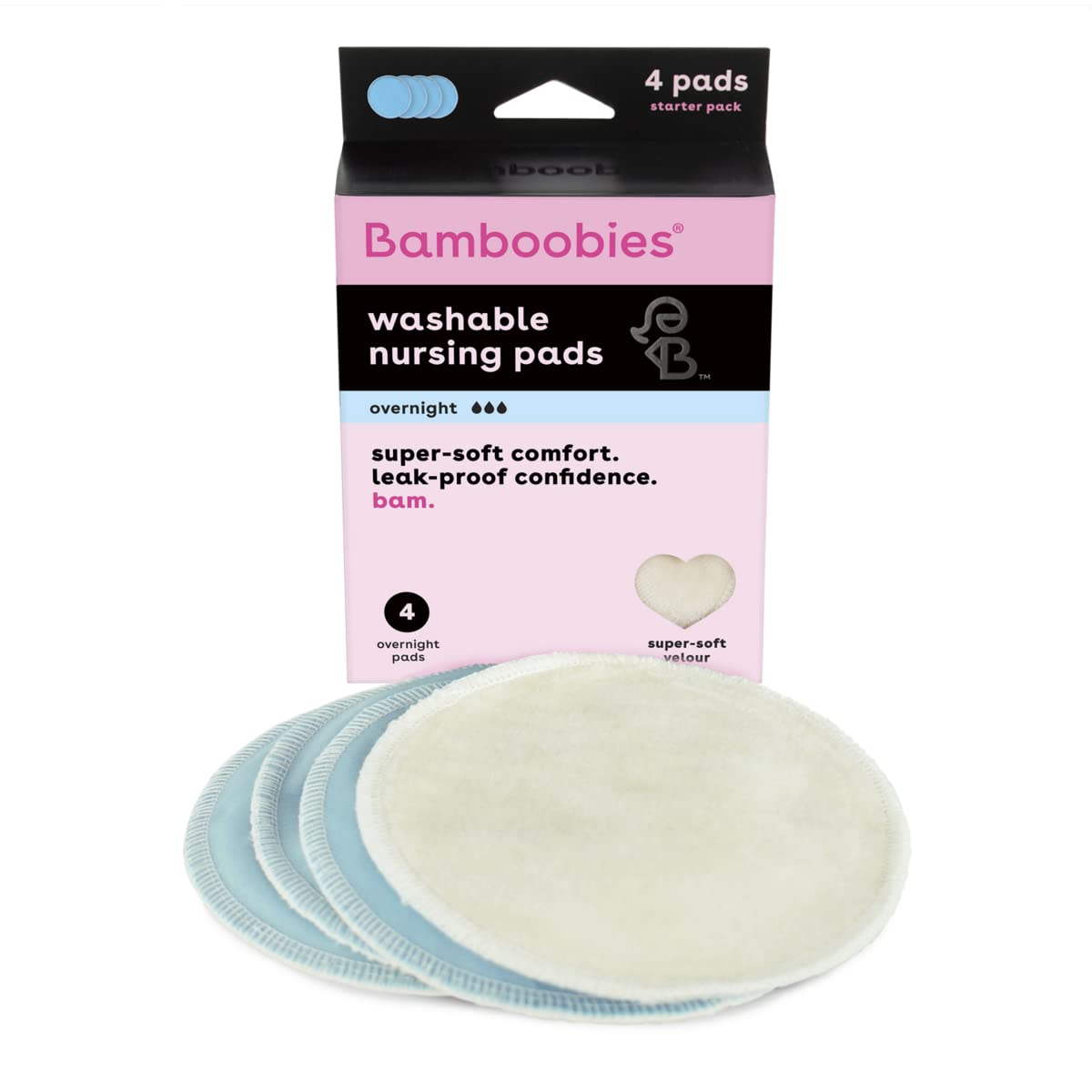 Bamboobies Reusable & Washable, Ultra-Absorbent Overnight Nursing Pads for Breastfeeding, Super Soft Rayon Made From Bamboo, Milk Proof Liner, Natural, 2.4 Oz, 4 Count