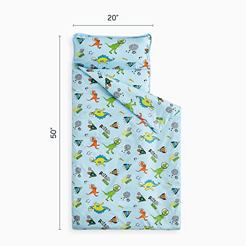 Wake In Cloud - Toddler Nap Mat with Pillow and Blanket, 100% Cotton Fabric, for Kids Boys Girls in Daycare Kindergarten Preschool, Cute Dinosaur Cartoon on Navy