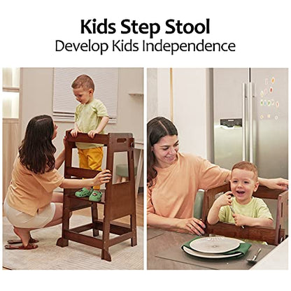 TOETOL Bamboo Toddler Step Stool Grey Learning Standing Helper Tower for Toddlers Kitchen Stools Counter 3 Height Adjustable Helper with Non-Slip Mat