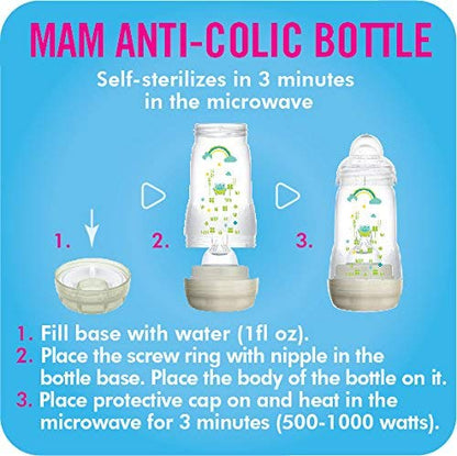 MAM Easy Start Anti-Colic Bottle , Baby Essentials, Medium Flow Bottles with Silicone Nipple, Baby Bottles for Baby Girl, Peach, 9 oz (3-Count)