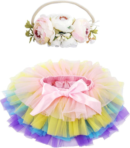BGFKS Baby Girls Soft Fluffy Tutu Skirt with Diaper Cover,Toddler Girl Tutu Skirt Sets with Flower Headband.
