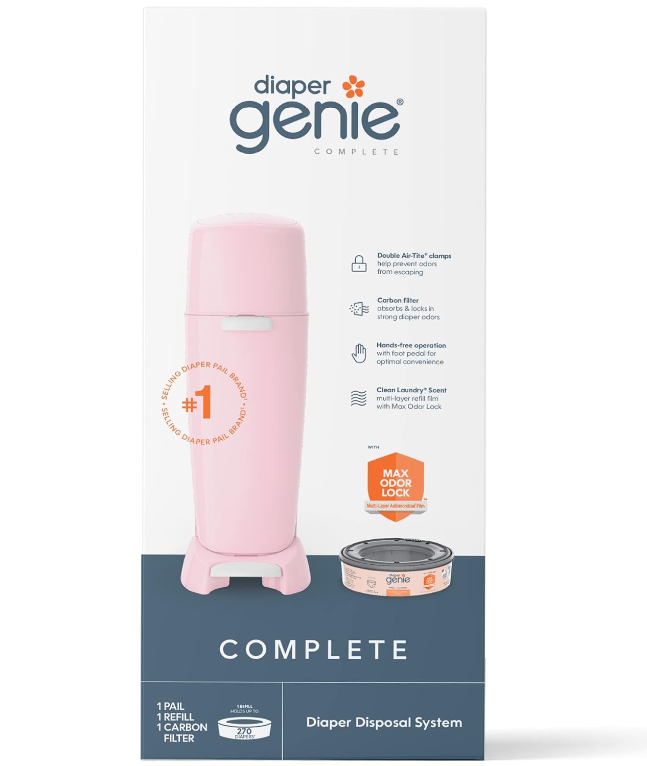 Diaper Genie Complete Diaper Pail (White) with Antimicrobial Odor Control | Includes 1 Diaper Trash Can, 1 Refill Bags, 1 Carbon Filter, Packaging may vary