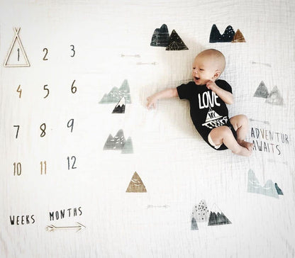 Miaoberry Organic Baby Monthly Milestone Blanket Newborn Boy| Boho Mountain Nursery Baby Month Picture Blanket| Baby Growth Photography Background Prop| Markers Wood Birth Announcement Card
