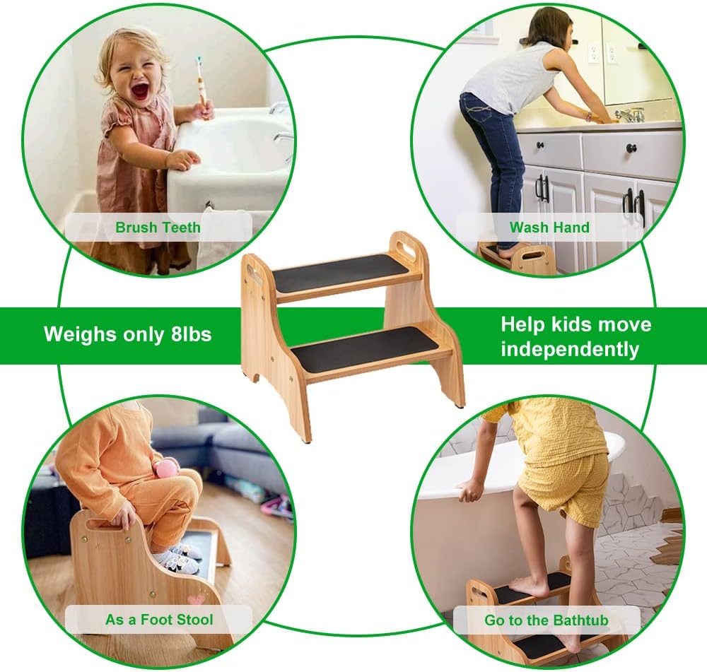 StrongTek Wooden 2 Step Stools for Kids, Toddler with Non-Slip Stepping Surface, Portable Stool with Handles for Bathroom Kitchen and Bedroom, 400 lbs Capacity (Natural)