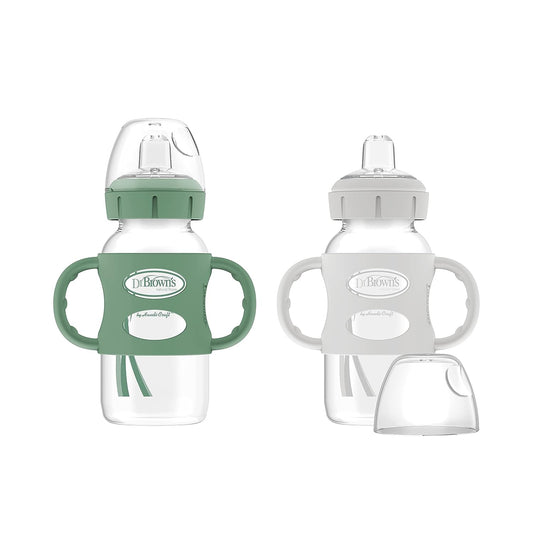 Dr. Brown's Milestones Wide-Neck Sippy Spout Bottle with 100% Silicone Handles, Easy-Grip Handles with Soft Sippy Spout, 9oz/270mL, Green & Gray, 2-Pack, 6m+