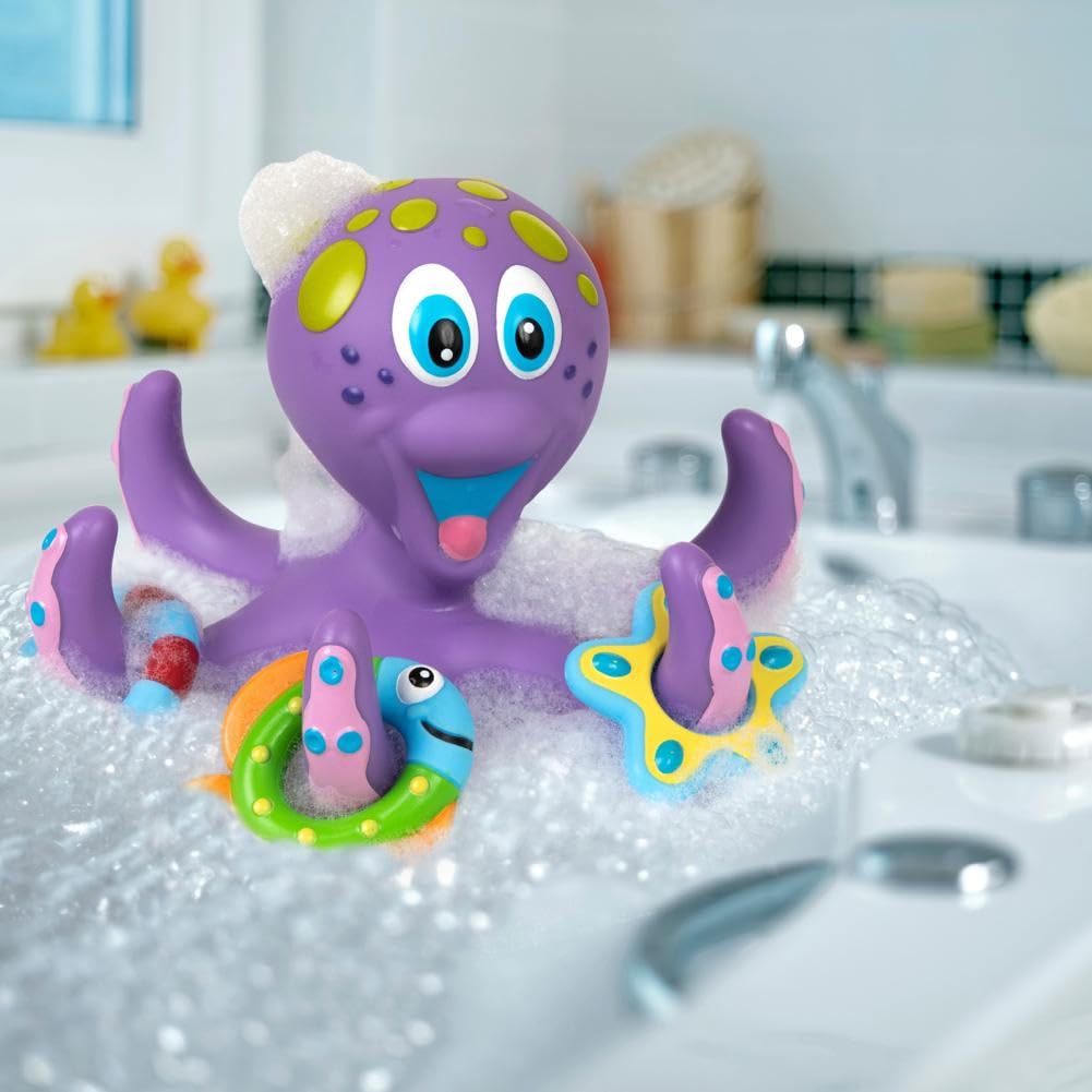 Nuby Floating Octopus Toy with 3 Hoopla Rings - BPA Free Baby Bath Toy for Boys and Girls - 18+ Months - Purple