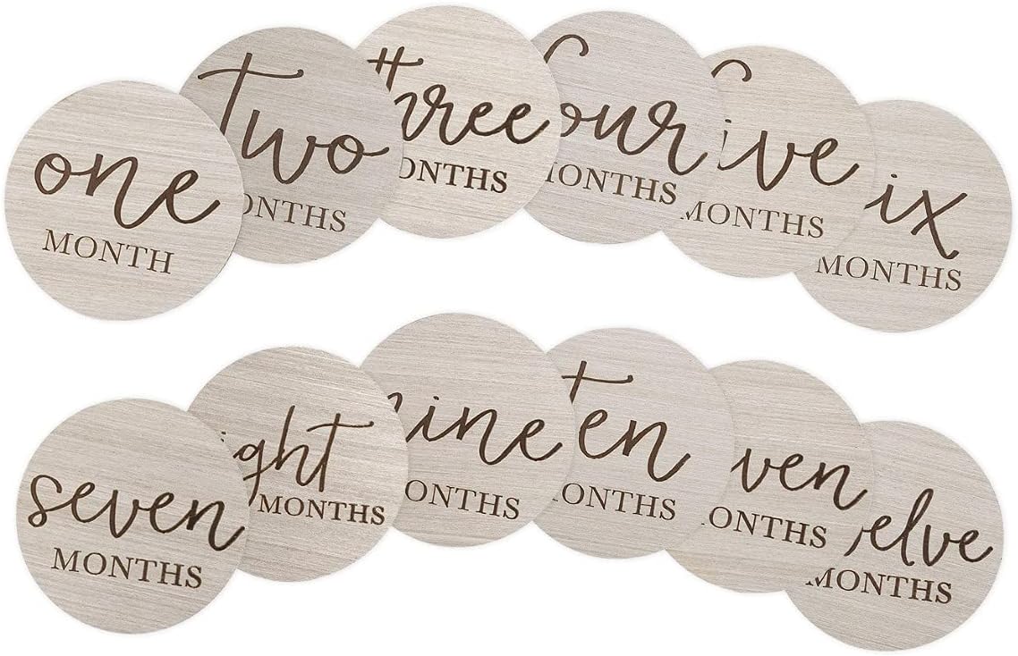 Little Pear Wooden Milestone Photo Cards, Baby Announcement Cards, Double Sided Photo Prop Monthly Milestone Discs, Pregnancy Journey Milestone Markers, 1-12 Months, Light Wood
