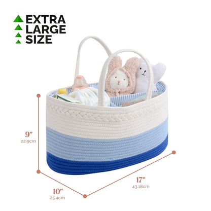 luxury little Diaper Caddy Organizer, Large Cotton Rope Nursery Basket, Changing Table Baby Diaper Storage Portable Car Organizer with Removable Divider, Baby Shower Gifts - White