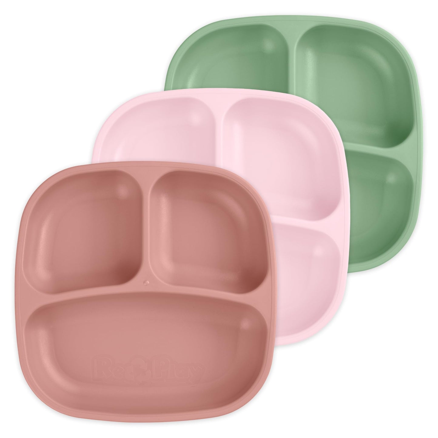 Re-Play Made in USA 7" Deep Walled Divided Plates for Kids, Set of 3 Without Lid - Reusable 3 Compartment Plates, Dishwasher and Microwave Safe - 7.37" x 7.37" x 1.25", Modern Aqua