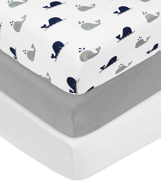 American Baby Company 3 Pack Fitted Crib Sheets 28" x 52", Soft Breathable Neutral 100% Cotton Jersey Sheet, Navy Whale/Gray/White, for Boys and Girls, Fits Crib and Toddler Bed mattresses