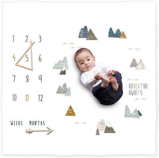 Miaoberry Organic Baby Monthly Milestone Blanket Newborn Boy| Boho Mountain Nursery Baby Month Picture Blanket| Baby Growth Photography Background Prop| Markers Wood Birth Announcement Card