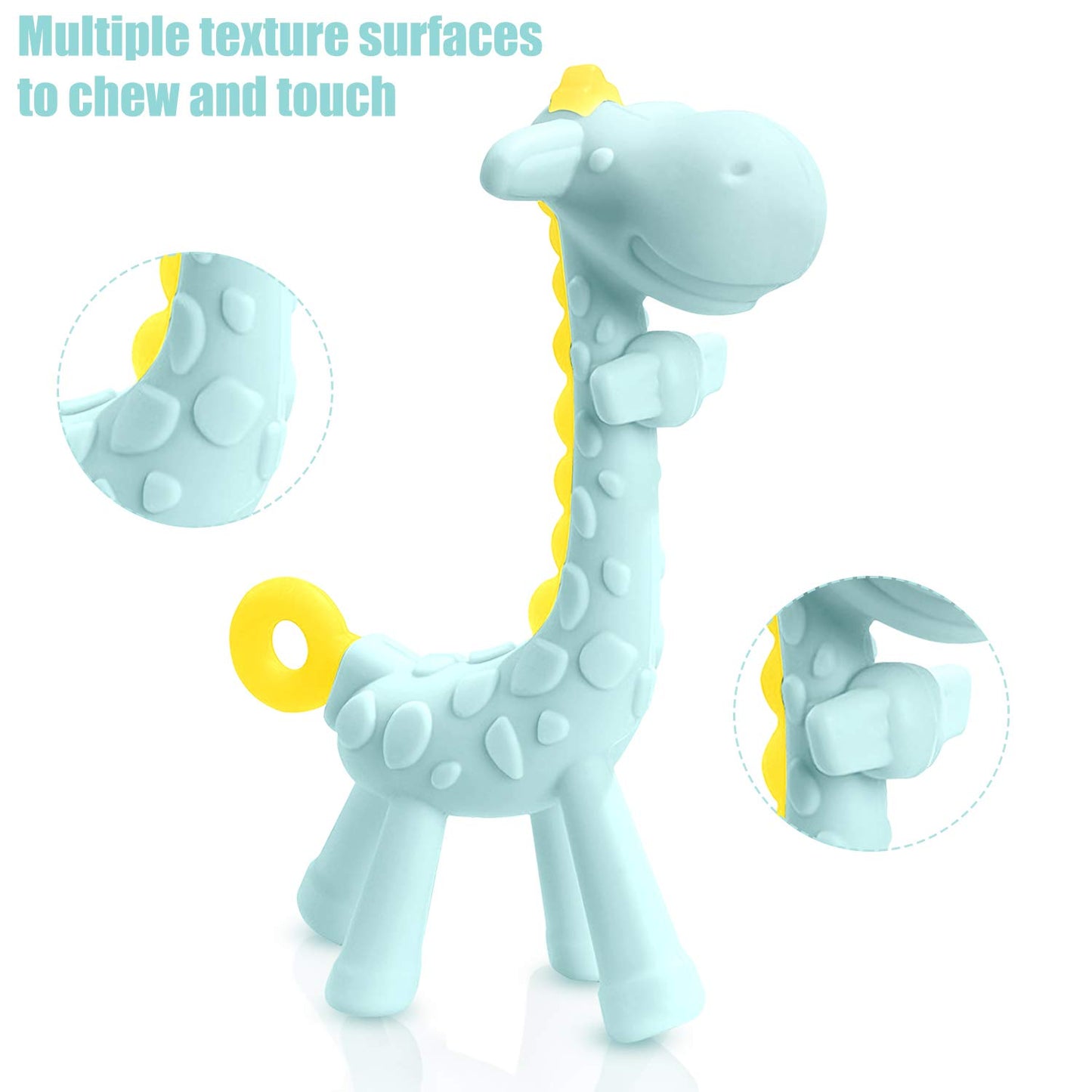 SHARE&CARE BPA Free Silicone Giraffe Baby Teether Toy with Storage Case, for 3 Months Above Infant Sore Gums Pain Relief and Baby Shower, Baby Teething Toys (Blue)