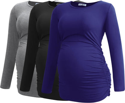 Smallshow Women's Maternity Shirts Long Sleeve Pregnancy Clothes Tops 3-Pack