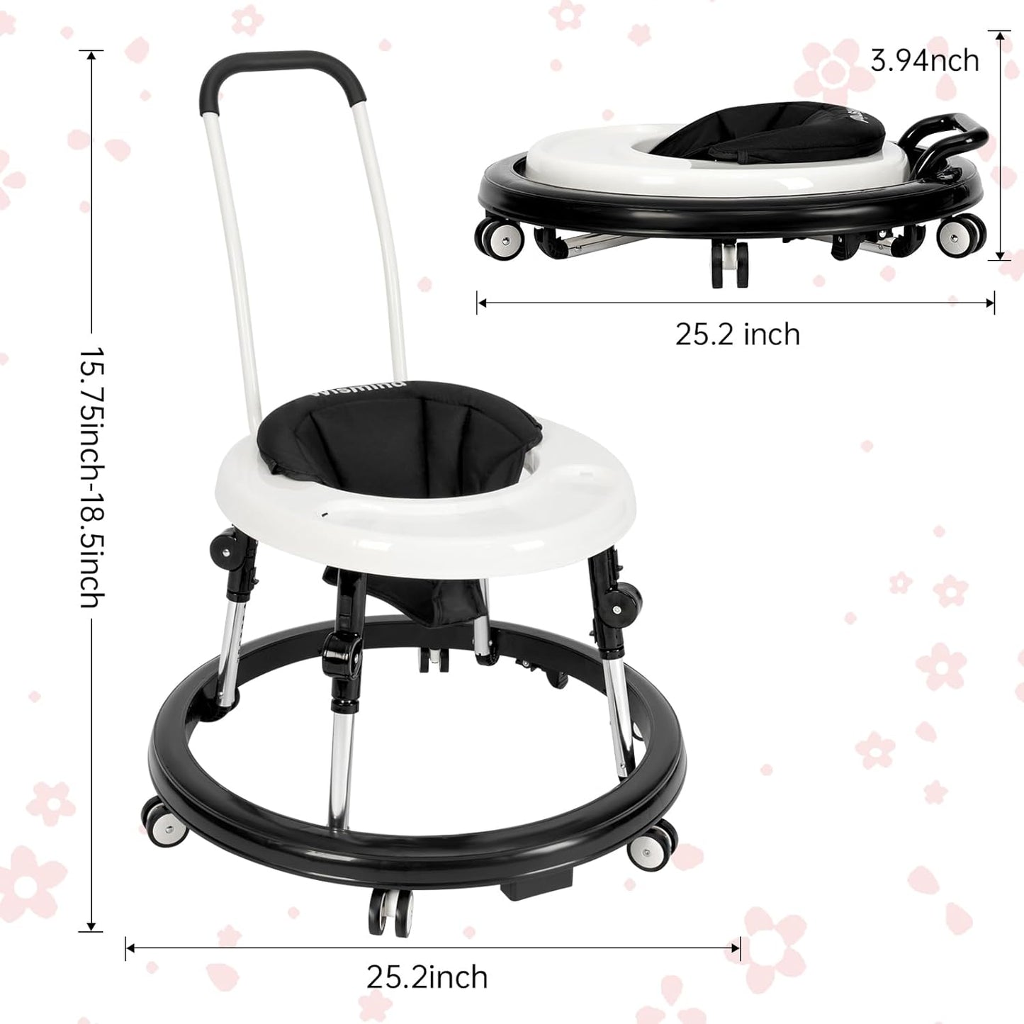 Wismind Baby Walker Foldable with 9 Adjustable Heights, Baby Walkers and Activity Center for Boys Girls Babies 6-12 Months, Baby Walker and Bouncer Combo with Wheels Portable Anti-Rollover