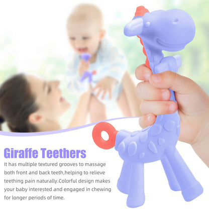 SHARE&CARE BPA Free Silicone Giraffe Baby Teether Toy with Storage Case, for 3 Months Above Infant Sore Gums Pain Relief and Baby Shower, Baby Teething Toys (Blue)