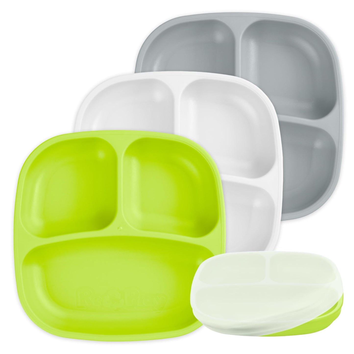 Re-Play Made in USA 7" Deep Walled Divided Plates for Kids, Set of 3 Without Lid - Reusable 3 Compartment Plates, Dishwasher and Microwave Safe - 7.37" x 7.37" x 1.25", Modern Aqua
