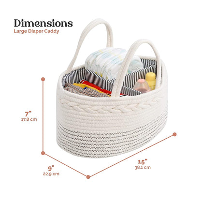 luxury little Diaper Caddy Organizer, Large Cotton Rope Nursery Basket, Changing Table Baby Diaper Storage Portable Car Organizer with Removable Divider, Baby Shower Gifts - White