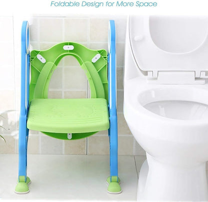 Potty Training Toilet Seat with Step Stool Ladder for Boys and Girls Baby Toddler Kid Children Toilet Training Seat Chair with Handles Padded Seat Non-Slip Wide Step (Blue Green)