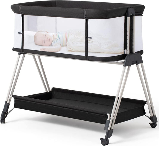 Fodoss Baby Bassinet Bedside Sleeper with Wheels and Storage Tray,4-Sided Mesh Bedside Bassinet Co Sleeper for Infant/Newborn,7 Height Adjustable Easy Folding Bedside Crib
