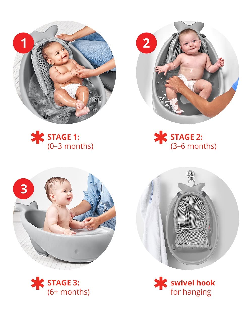 Skip Hop Baby Bath Tub, 3-Stage Smart Sling Tub, Moby, White