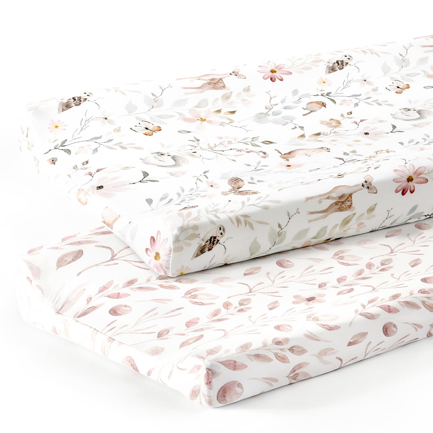 GRSSDER Stretch Ultra Soft Jersey Knit Changing Pad Cover Set 2 Pack, Change Table Pad Covers Fit 32"/34" x 16" Pads Safe and Snug, Stylish Watercolor Flowers and Fruits for Girls